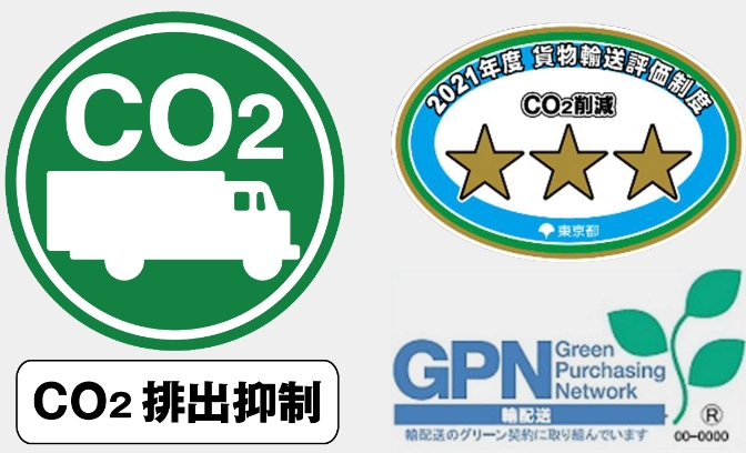 グリーン・エコプロジェクトのロゴマーク、貨物輸送評価制度CO2削減の三ツ星マーク、グリーン購入ネットワークの「輸配送」マーク